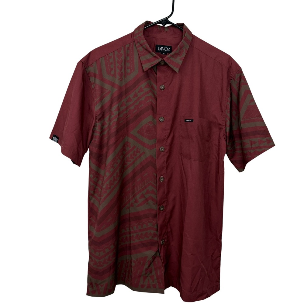 Tanoa Shirt Mens Medium Burgundy Tribal Geometric Print Short Sleeve Button Up